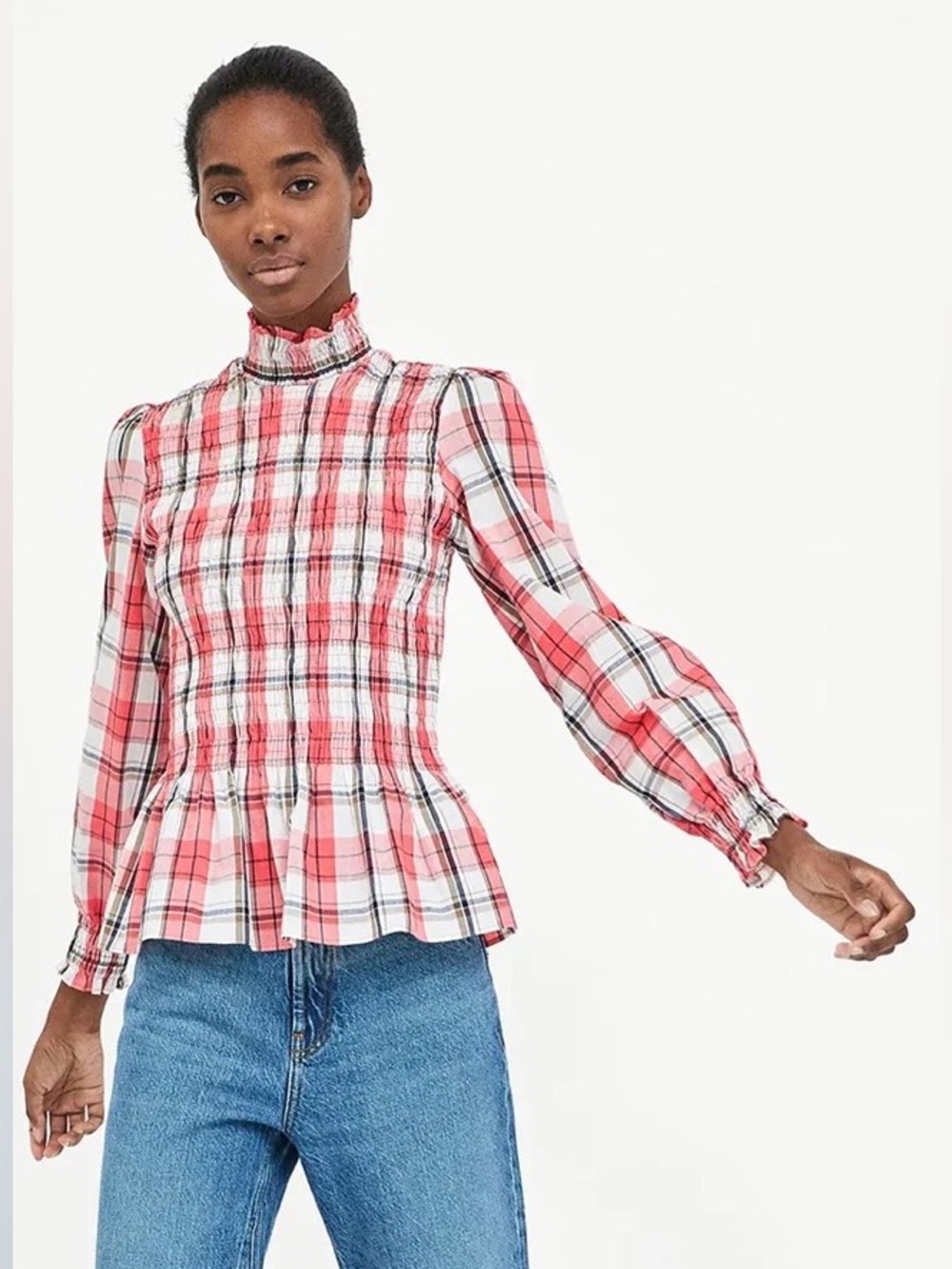 Zara Woman Plaid Smocked Peplum Blouse Size L Pink High Neck Long Sleeve